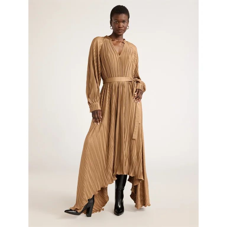 Scoop Women’s Pleated Handkerchief Hem Dress with Long Sleeves, Sizes XS-XXL | Walmart (US)