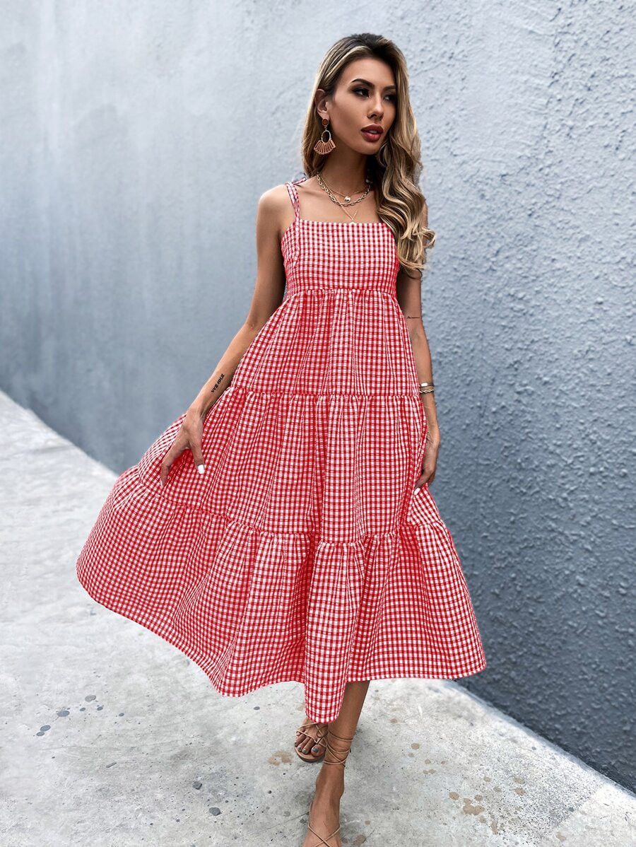 Gingham Ruffle Hem Tie Shoulder Cami Dress | SHEIN