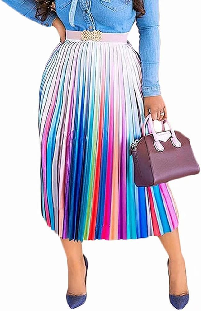 ThusFar Women's Graffiti Pleated Skirts Cartoon Printed Elastic Waist A-Line Swing Midi Skirt | Amazon (US)