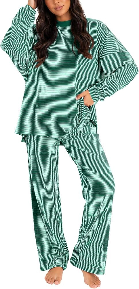 Women's 2 Piece Striped Lounge Set Wide Leg Pants Matching Pajamas Set | Amazon (US)
