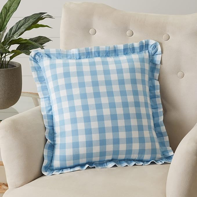 VHC Brands Annie Buffalo Blue Check Farmhouse Cottage Ruffled Throw Pillow 18x18 | Amazon (US)