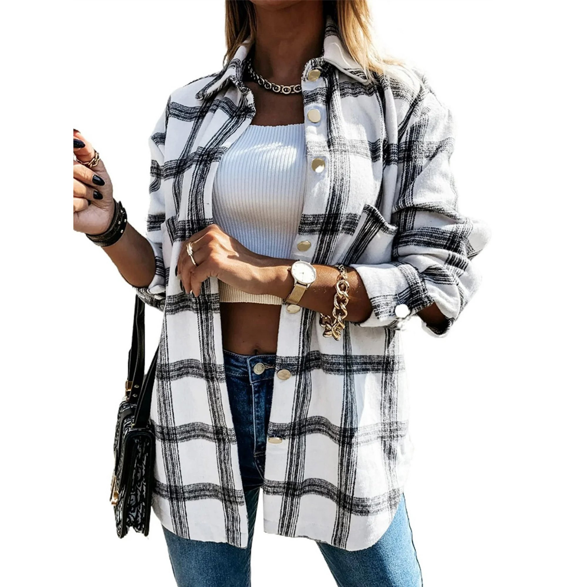 UVN Flannel Plaid Shirts for Women Shacket Jacket Long Sleeve Button Down Shirt Coats Top - Walma... | Walmart (US)