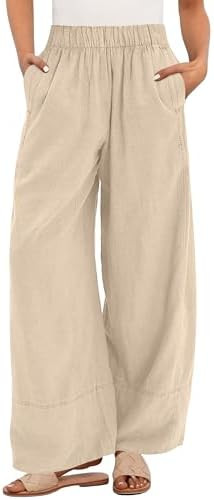 ANRABESS Women's Wide Leg Linen Pants Summer Boho Casual Elastic Waist Long Lounge Travel Pants T... | Amazon (US)