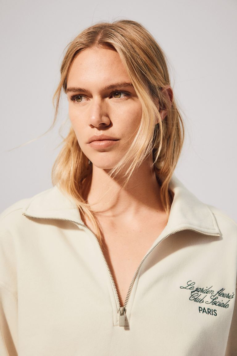 Half-zip Sweatshirt - Long sleeve - Regular length - Cream/Paris - Ladies | H&M US | H&M (US + CA)