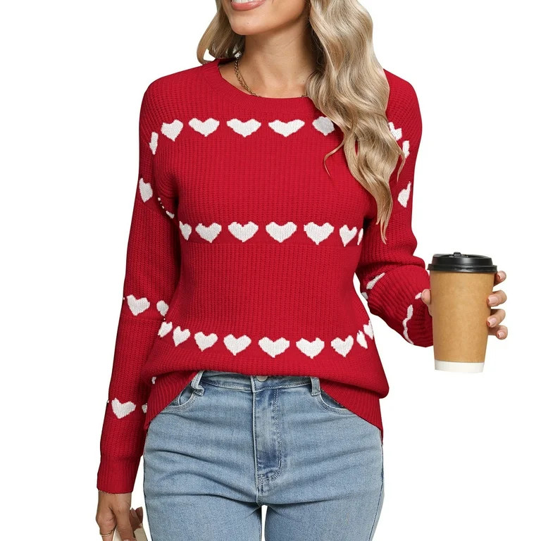 Women's Pullover Sweaters Long Sleeve Crew Neck Cute Multi-Hearts Knitted Casual Sweater | Walmart (US)