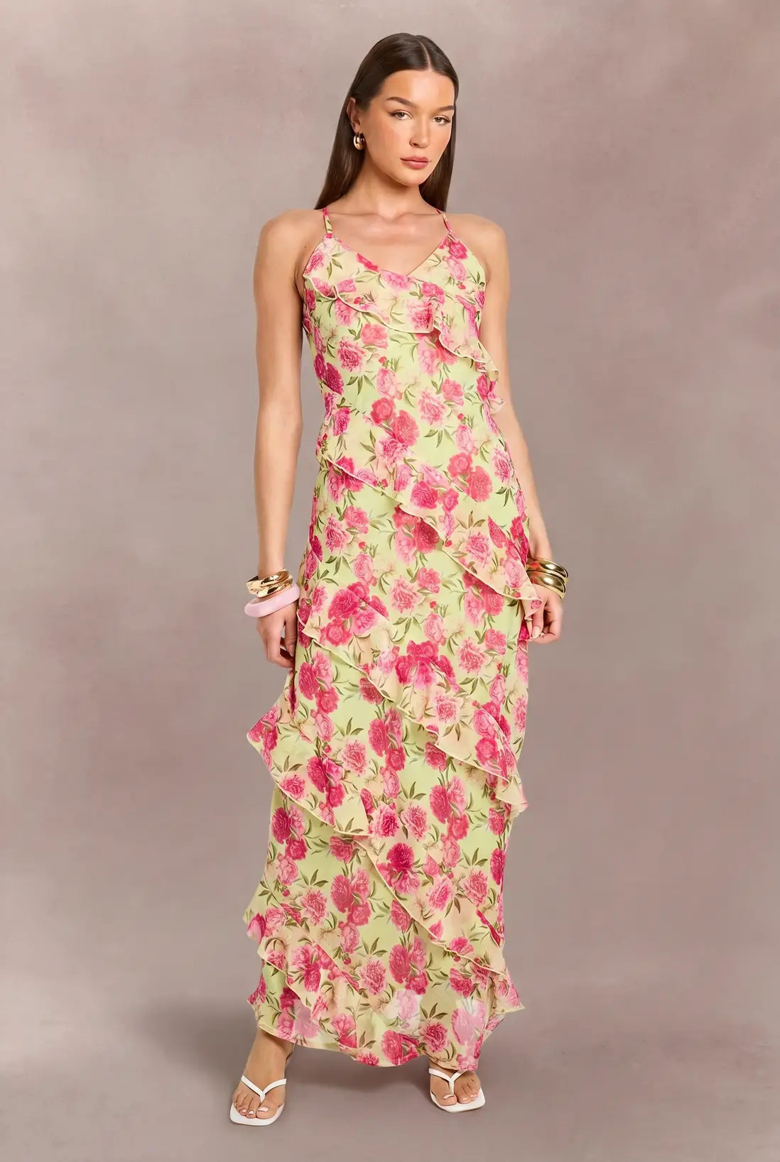 Soft Lime Chiffon Pastel Floral Ruffle Detail Maxi Dress | Boohoo | Boohoo.com (UK & IE)
