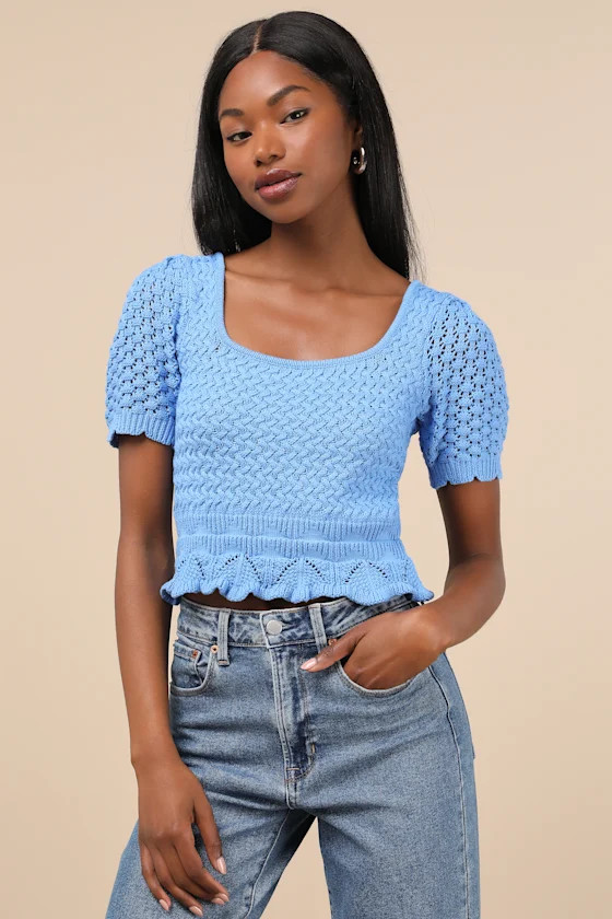 Lucky Cutie Blue Crochet Short Sleeve Sweater Top | Lulus