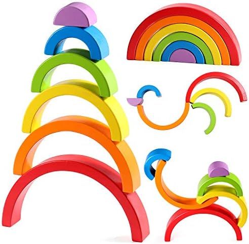 Amazon.com: Lewo Wooden Rainbow Stacker Nesting Puzzle Blocks Educational Toys for Kids Baby Todd... | Amazon (US)
