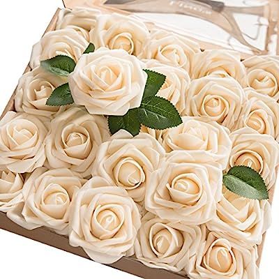 Ling's moment Artificial Flowers 50pcs Real Looking Cream Fake Roses w/Stem for DIY Wedding Bouqu... | Amazon (US)