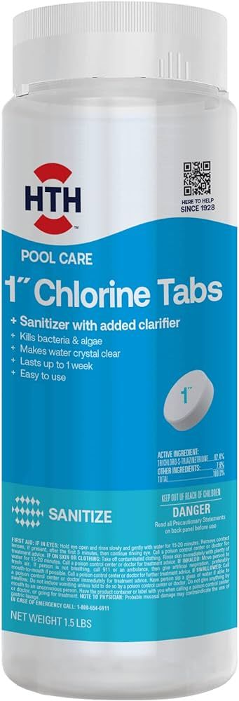 HTH 42049 Swimming Pool Care 1" Chlorine Tabs, Swimming Pool Chlorinating Sanitizer, 1.5lb | Amazon (US)
