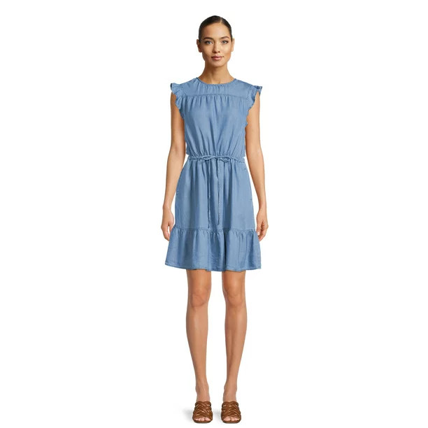 Time and Tru Women’s Woven Flutter Sleeve Dress with Flounce Hem | Walmart (US)