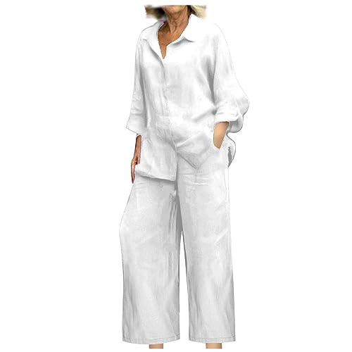 Two Piece Sets For Women Cotton Linen Button Dressy Casual Pants And Top Set Loose Spring Summer Travel Outfits White matching sets women clothing L | Amazon (US)