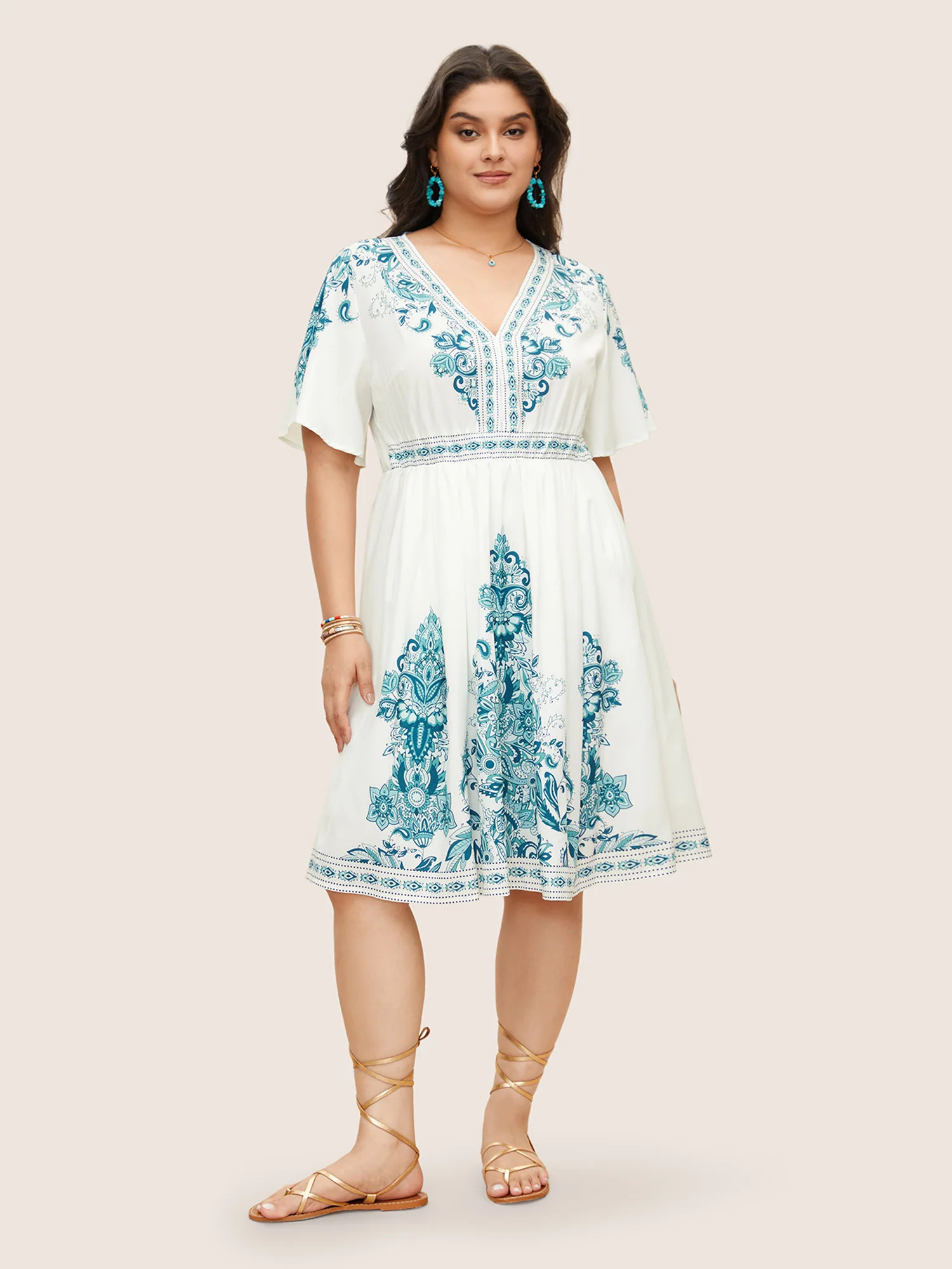Bandana Print Ruffle Sleeve V Neck Pocket Knee Dress | Bloomchic