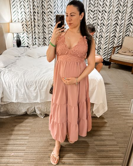 First night on our babymoon in Aruba. Maternity lace maxi dress under $50. Wearing size S. Great as an end of summer vacation look with these rock stud sandals, too.

#LTKtravel #LTKbump #LTKfindsunder50