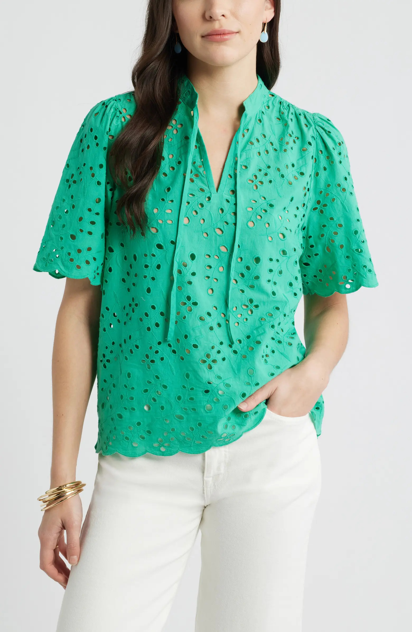 Eyelet Split Neck Cotton Top | Nordstrom