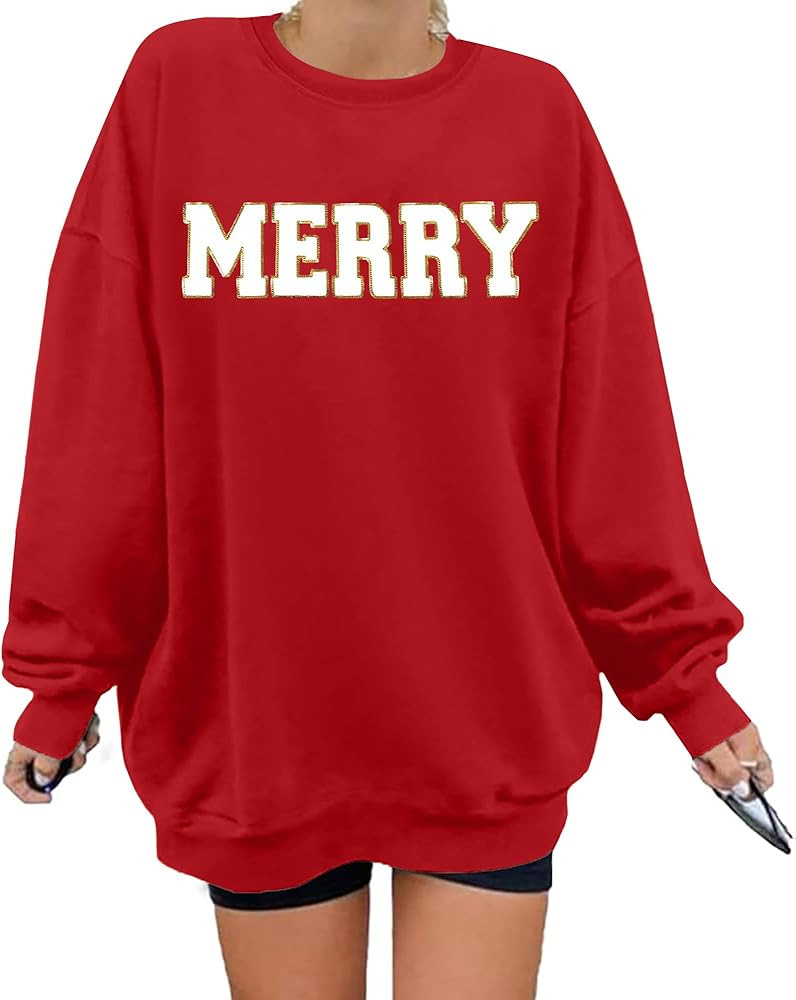 FASHGL Merry Sweatshirt Women's Christmas Glitter Patch Letter Print Long Sleeve Pullover Top | Amazon (US)