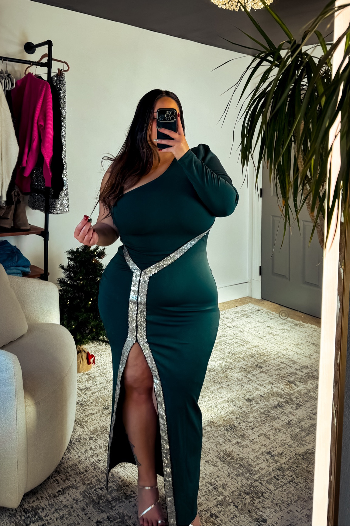 Green bodycon maxi dress dress with padded one shoulder and sequin detail 

Shown in size XL. 

#LTKHoliday #LTKParties #LTKMidsize