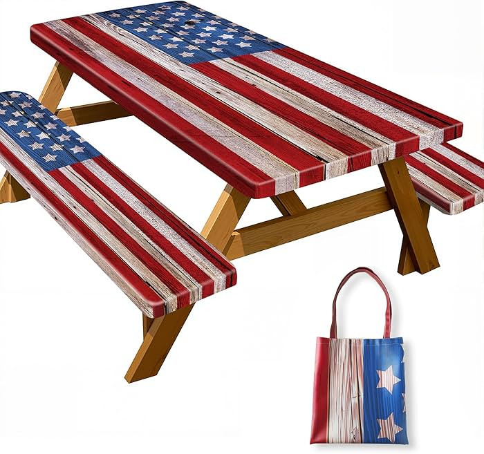 Picnic Table Cover with Bench Covers American Flag Waterproof Windproof Fitted Outdoor Tablecloth... | Amazon (US)