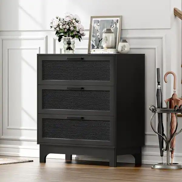 Anmytek Black Dresser for Bedroom Rattan 3-Drawer Chest of Drawers Accent Wooden Storage Dressers... | Bed Bath & Beyond