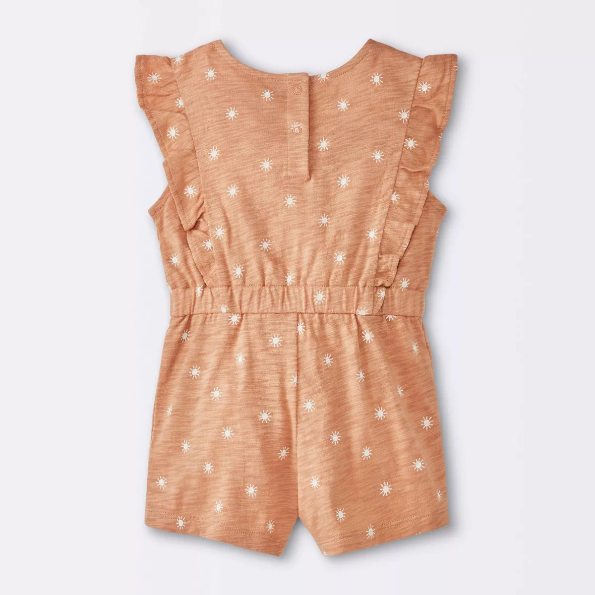 Baby Girls' Sun Stamps Printed Ruffle Romper - Cloud Island™ Tan | Target