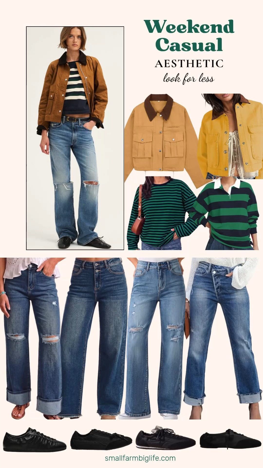 This weekend casual aesthetic look has such an easy, relaxed feel, and I found affordable ways to get the same style for less.

For the Madewell sepia Billie Short Jacket at $218, the yellow Cropped Barn Jackets from Amazon give a similar utility inspired silhouette for a fraction of the price, both around $30 to $39. The Madewell evening spruce stripe Rugby Boatneck Tee at $78 has such an easy striped look, and the navy and dark green striped BTFBM Oversized Tee and the green and navy striped Meladyan Rugby Polo both bring that same fall fashion hauls energy for $20 to $32.

For the Madewell Low-Rise Slim Jean at $148, the Amazon vintage blue and washed blue wide leg and straight leg jeans from luvamia, roswear, and SHEWIN all give you a similar 90s inspired denim look for between $30 and $41.

And for the Madewell Greta Oxford at $148, the black Ruched Leather Ballet Flat Sneakers, the Skywind Ballet Fashion Sneakers, and the black Square Toe Ballet Inspired Flats all give that same lace up, sneaker meets flat look for $43 to $50.

So many ways to get this weekend casual look for a fraction of the designer price, all linked for you.

#lookforless #madewell #fallfashion #falloutfits #autumnoutfits 

 #LTKootd #LTKOver40 #LTKSaleAlert