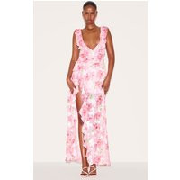 Pink Floral Chiffon Frill Plunge Strappy Maxi Dress | PrettyLittleThing US