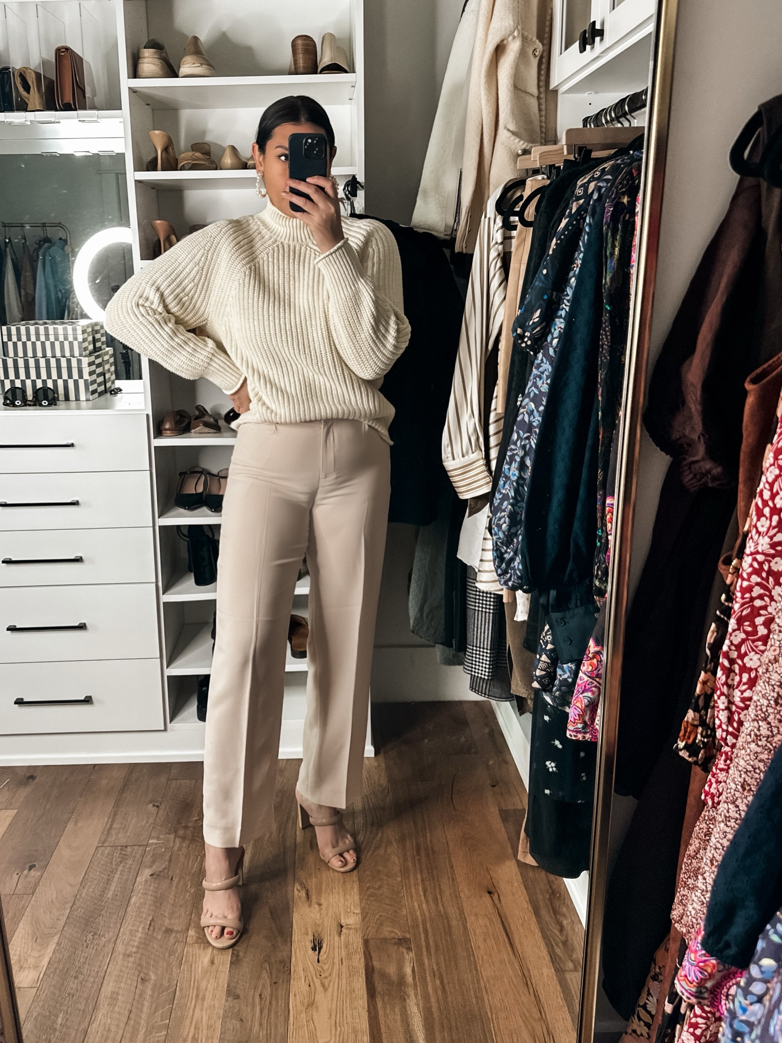 Okay so another pair of pants. This is a pants forward try on. I want you to click through and look at the model. Now come back and look at me. This is not the fit I was expecting. I will be interested to see how these fit at the end of the week, but I was surprised by how tight these were around my waist / hips / booty. I was expecting to look like the model, le duh. 

Also I hate putting photos like this out there but you need to know how it fits. I think personally a 12 would fit me best because I want the look they show online. If I end up sizing up, I”ll let you know. 

My sweater is on sale! It was also in my January capsule. I am in the medium, fit is TTS. Wonderfully thick, cozy, not itchy! 

Overall love the fabric, love the color I just wish the hips / waist were wider I think they would be a knock out of the park. 
