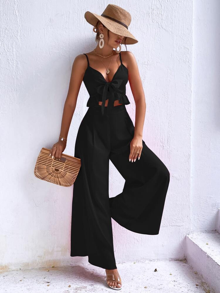 SHEIN VCAY Knot Front Peplum Cami Top & Wide Leg Pants | SHEIN