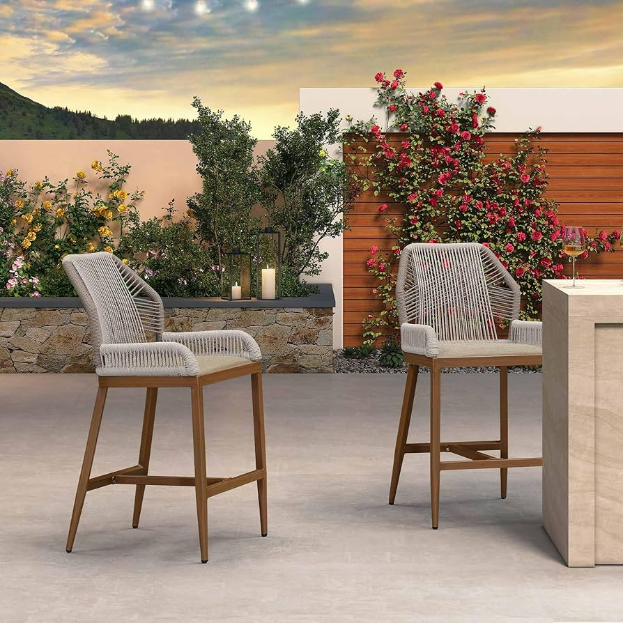 PURPLE LEAF 2 Pieces Counter Height Bar Stools Patio Boho Rattan Barstools Aluminum Woven Bar Cha... | Amazon (US)