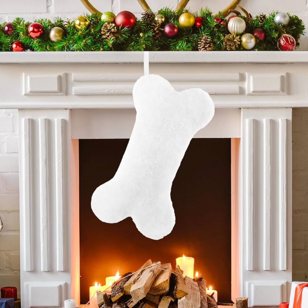 Waarms Snowy White Dog Christmas Stockings, Plush Pet Dog Christmas Stockings Bone Shape Faux Fur... | Amazon (US)
