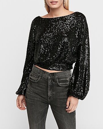 sequin blouson sleeve top | Express