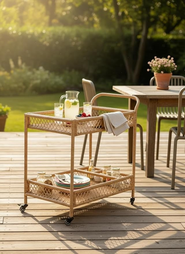 Christopher Knight Home Sador Outdoor PE Wicker Bar Cart, 2-Tier Rolling Serving Trolley with Bot... | Amazon (US)