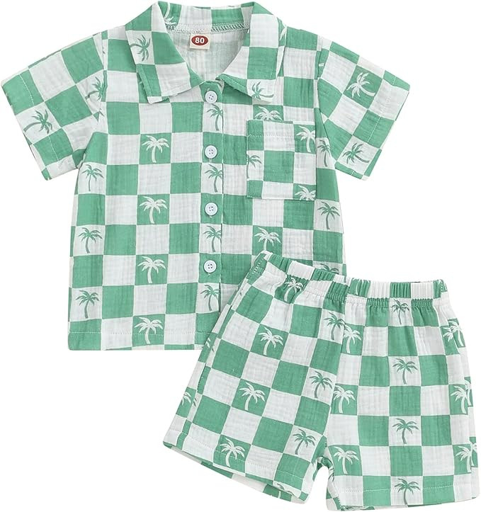 Mandizy Toddler Baby Boy Summer Clothes Checkered Palm Tree Print Shirt Tops and Shorts Set 2Pcs ... | Amazon (US)