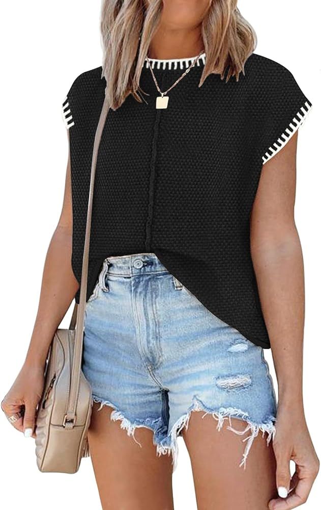 Waffle Knit Sweater Shirts for Women Cap Sleeve Summer Tops Basic Tank Tops B-Black at Amazon Wom... | Amazon (US)