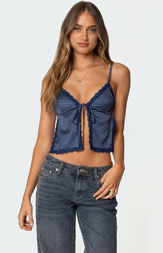 Edikted Women's Backless Satin Effect Polka Dot Top in Navy - Size Medium | PacSun