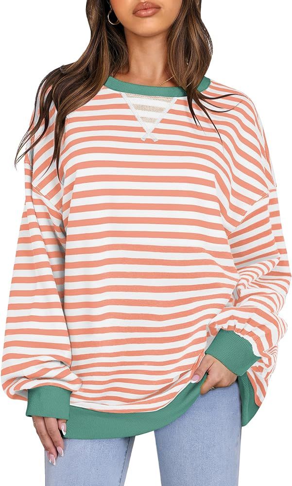 ANRABESS Women Striped Oversized Sweatshirt Hoodies Long Sleeve Crew Neck Shirt 2024 Fall Pullove... | Amazon (US)