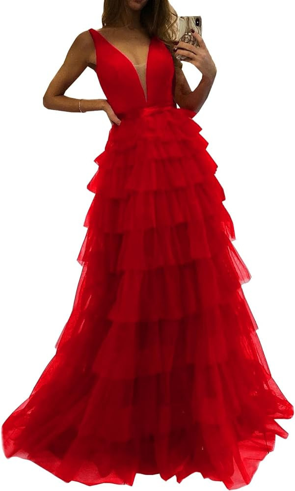 MeowAhwoo Women's V Neck Prom Dress Tulle Tiered Formal Evening Dresses | Amazon (US)
