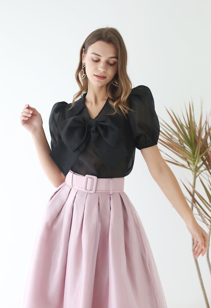 Sweet Bow Short-Sleeve Organza Top in Black | Chicwish
