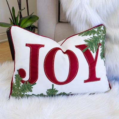 YOOCOZZ Christmas Trendy Decor, JOY Embroidered Christmas Throw Pillow – 14x20" Velvet Lumbar Cushion in Red and White with Green Holiday Accents | Target