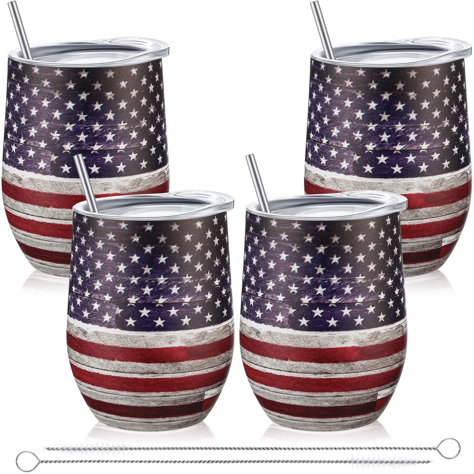 4 Pieces 4th of July USA Patriotic Wine Tumbler with Lid Straw Brush American Flag Stars Stripes ... | Amazon (US)