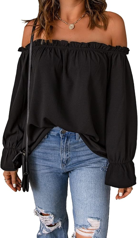 Women's Off Shoulder Top Ruffle Long Sleeve Chiffon Blouse Casual Loose Shirts | Amazon (US)