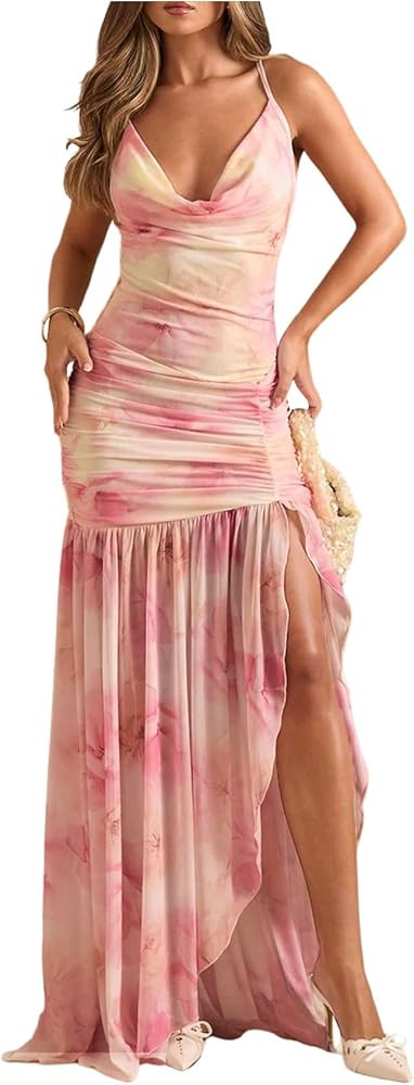 Floerns Women's Floral Cowl Neck Halter Dress Sleeveless Split Ruffle Vacation Maxi Dresses | Amazon (US)