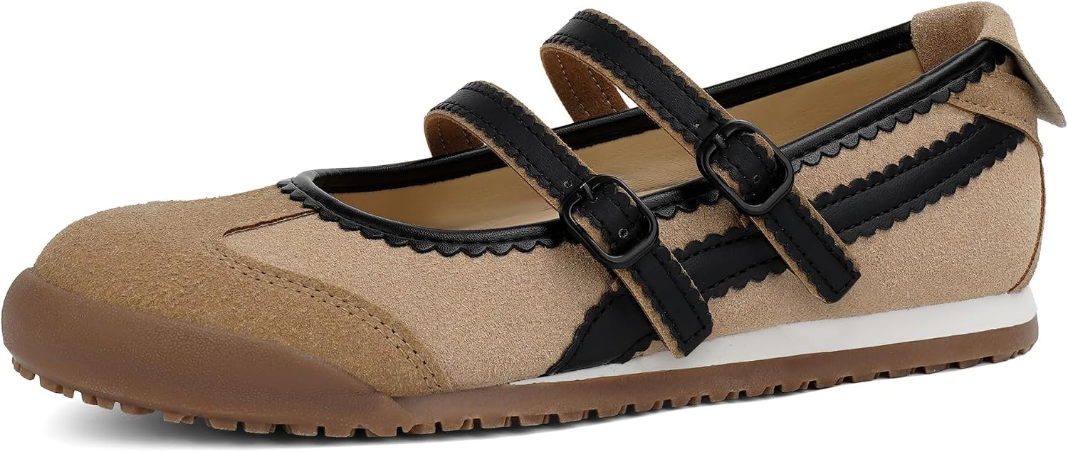 Mary Jane Sneakers Two Strap Rounded Toe Ballet Flats for Women | Amazon (US)
