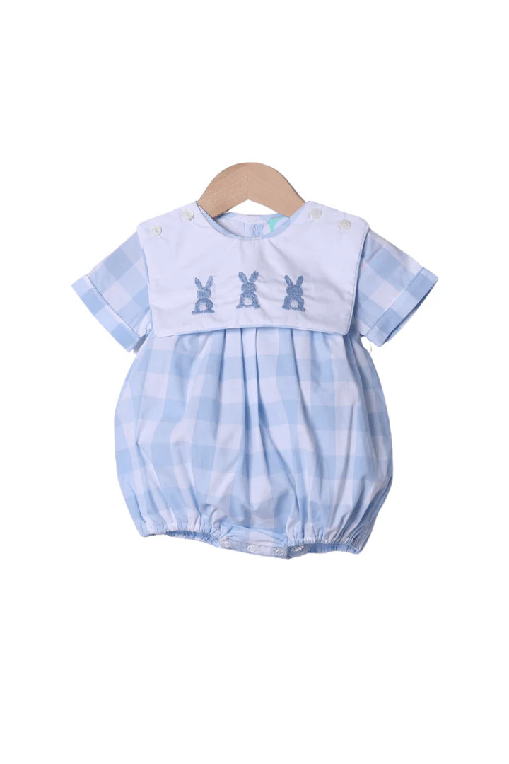 Hand Embroidered Bunny Blue Buffalo Check Tab Bubble | The Smocked Flamingo