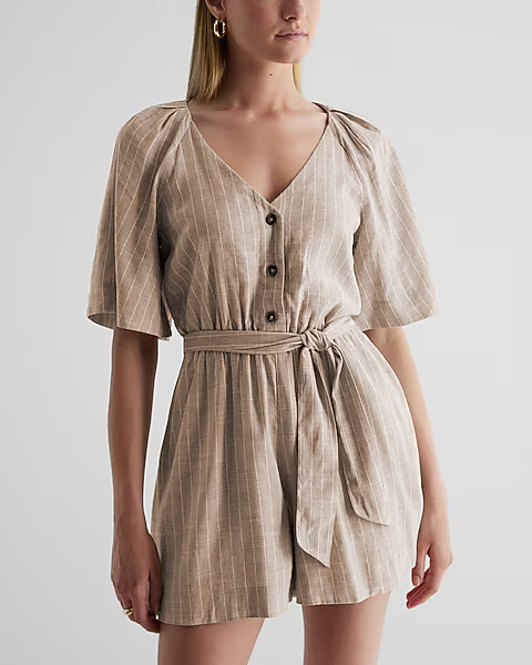 Linen-Blend Striped Button Up Tie Waist Romper | Express