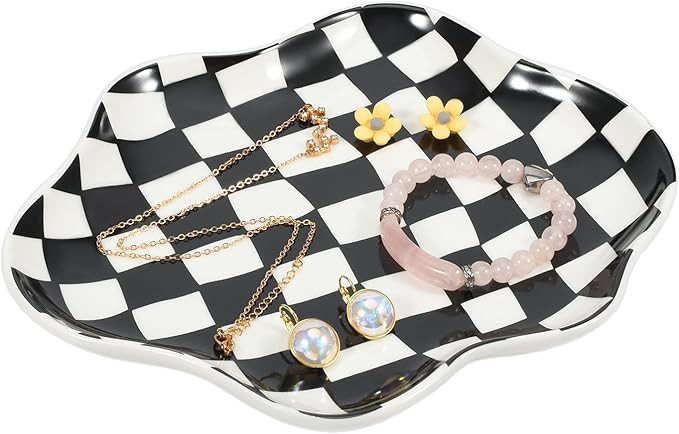 Koythin Jewelry Tray, Ceramic Jewelry Dish Trinket Tray Organizer, Checkered Pattern Aesthetic De... | Amazon (US)