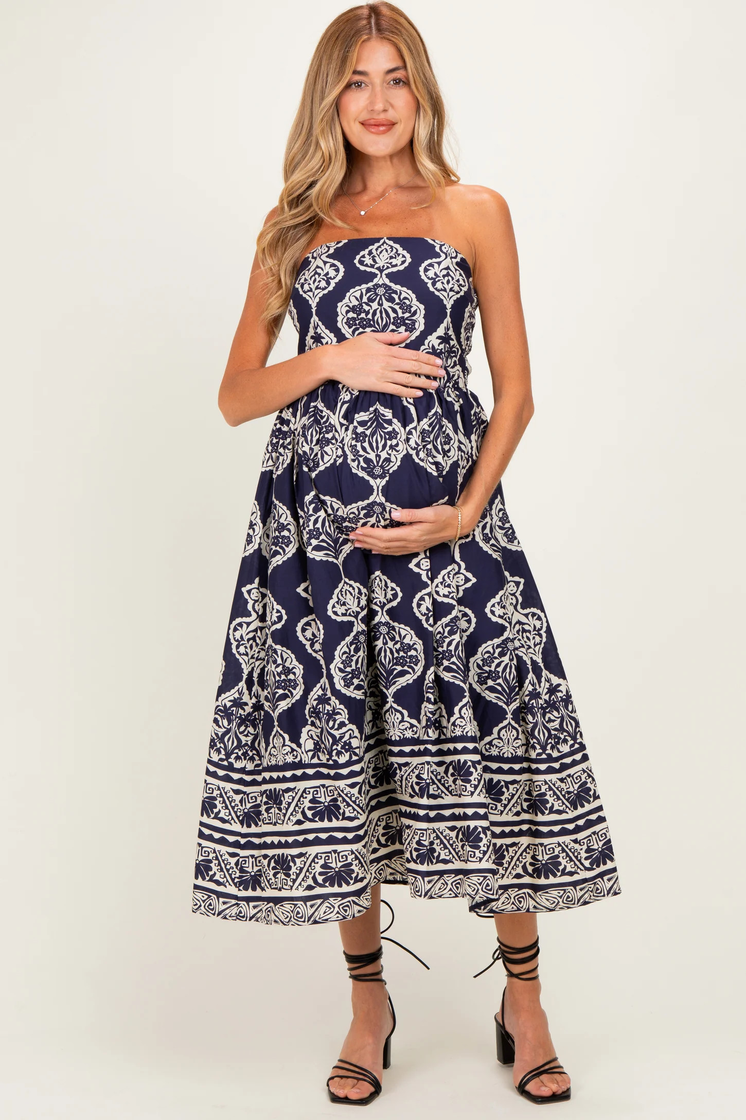 Navy Damask Strapless Maternity Midi Dress | PinkBlush Maternity