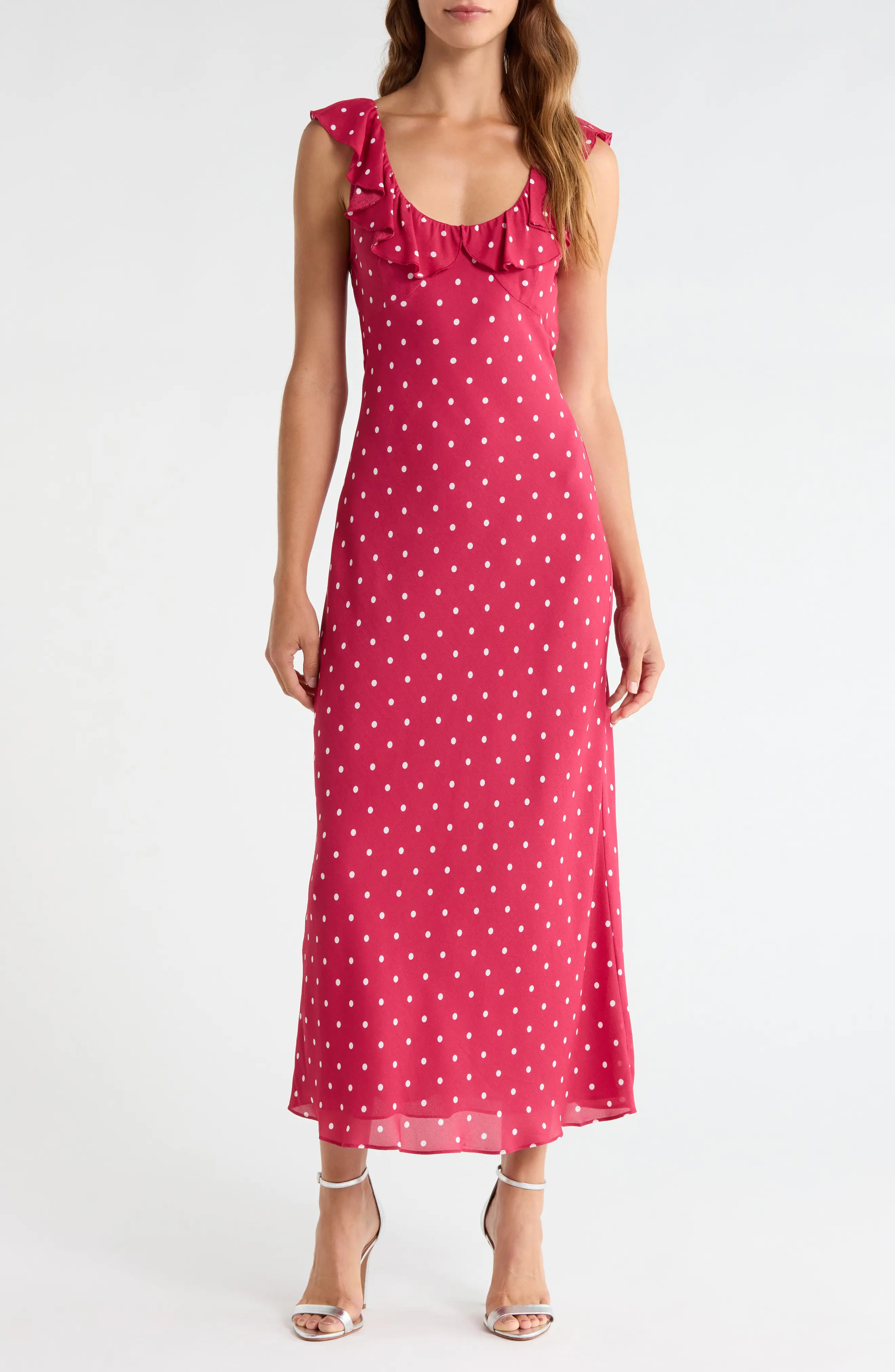 Favorite Daughter The Blossom Ruffle Dot Sleeveless Maxi Dress in Raspberry/Ivory Do at Nordstrom, Size X-Small | Nordstrom