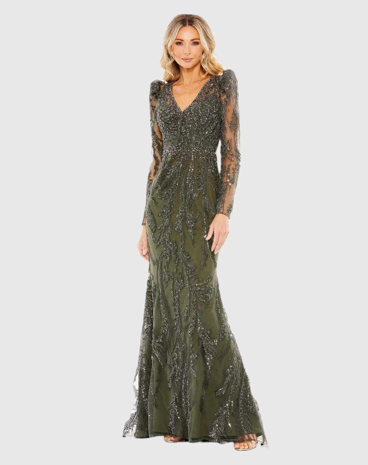 Green Embellished Puff Sleeve V Neck Gown - Mac Duggal | Mac Duggal