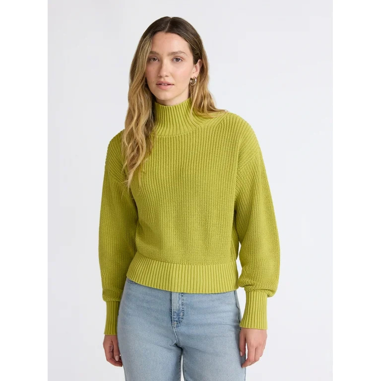 Scoop Women’s Cotton Boxy Ribbed Turtleneck Sweater, Midweight, Size XS-XXL | Walmart (US)